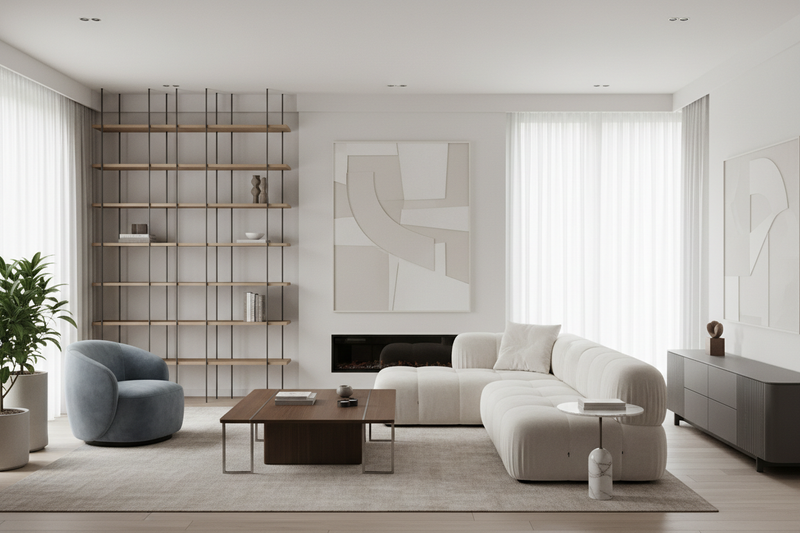 Combinación de líneas curvas y rectas
Las curvas suaves en sofás y mesas contrastan con muebles más rectos, creando armonía visual.