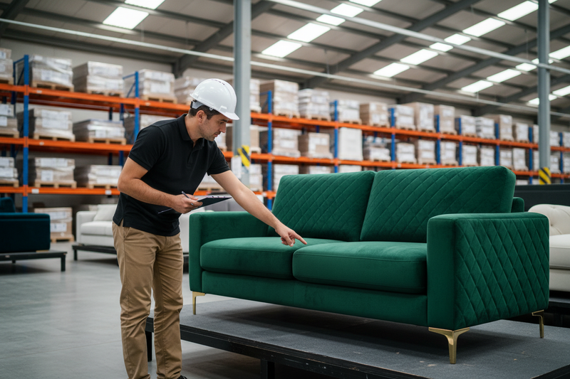 Crea una imagen de catalogo,4k, alta resolucion y ultra realismo en donde una señor experto en control de calidad con casco blanco y polo negro esta apuntando las observaciones de una sofa sofisticado en un almacen