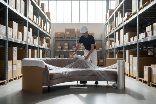 Fotografía realista dentro de un almacén moderno y organizado. El mismo repartidor atractivo, vistiendo polo negro, pantalón blanco, botas negras y casco de ingeniero blanco, está envolviendo un sofá curvo exclusivo y elegante, colocándole protectores y cartonándolo cuidadosamente para su próxima entrega. El almacén tiene estanterías metálicas, cajas apiladas y luz natural entrando por ventanales altos. Estilo fotográfico profesional, alta resolución, detalles nítidos que resaltan el proceso de embalaje pre