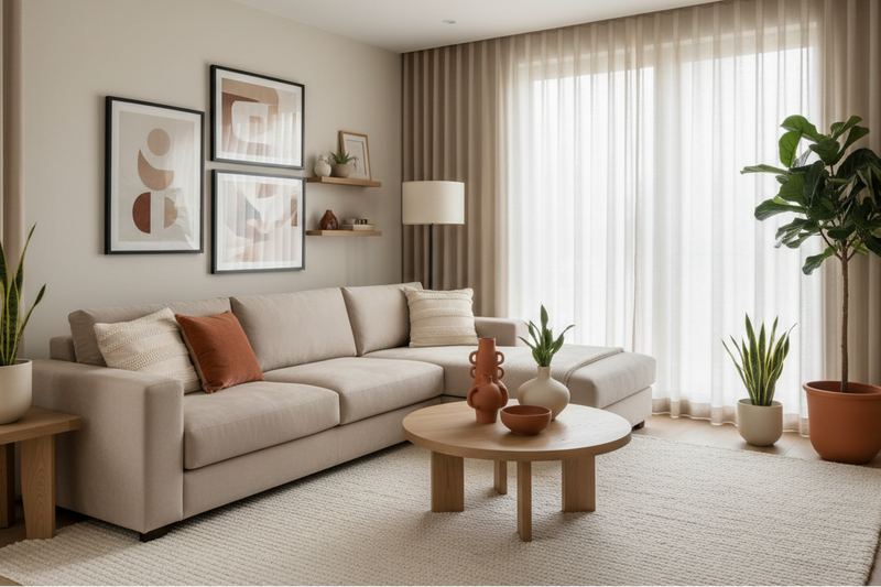 Los tonos beige, crema, arena y terracota dominan las salas modernas. Generan ambientes acogedores y elegantes, perfectos para espacios pequeños y grandes. Sala moderna